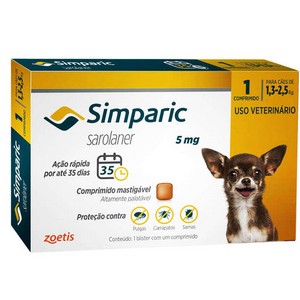 Antipulgas Zoetis Simparic 5 mg para Cães 1,3 a 2,5 Kg - 1 comprimido