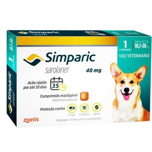 Antipulgas Zoetis Simparic 40 mg para Cães 10,1 a 20 Kg - 1 comprimido